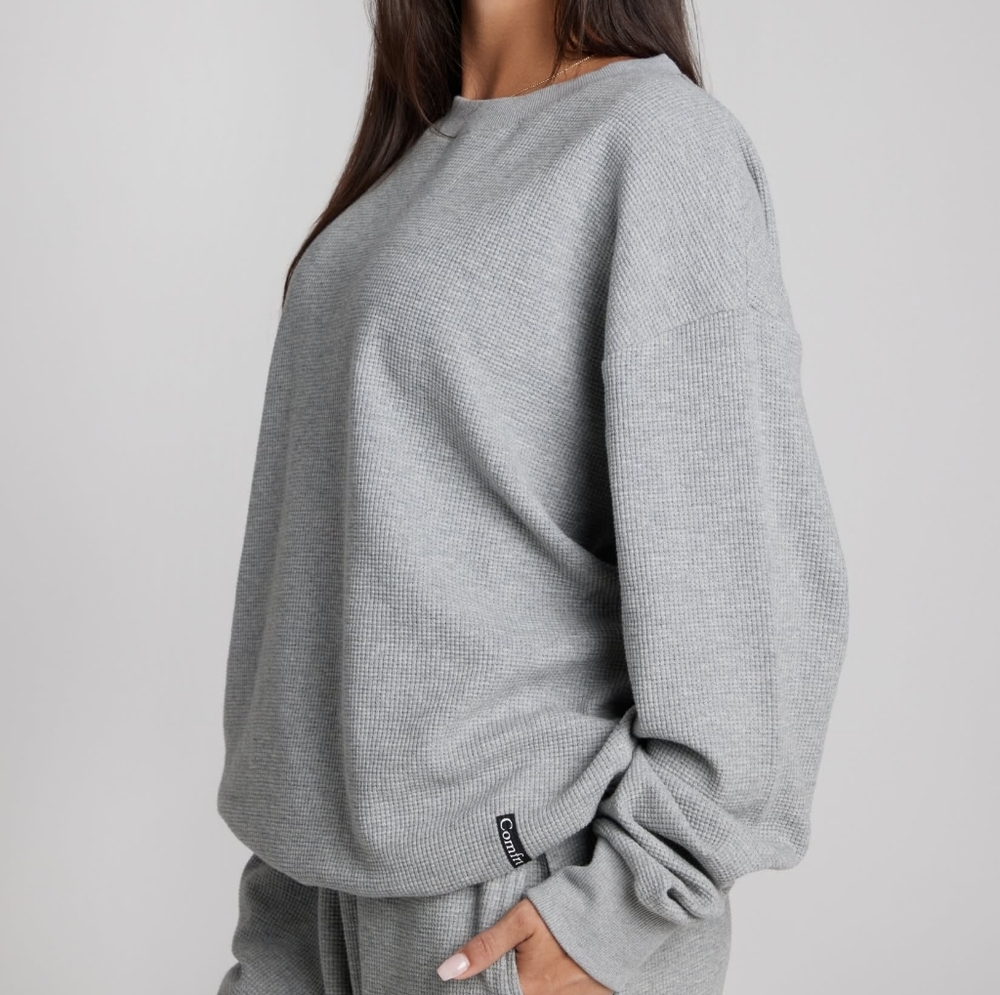 🤑PRICE FIRM🥰 NIP!❤️ COMFRT WAFFLE LOUNGE CREW LONG SLEEVE TOP Light Gray M - Picture 3 of 6